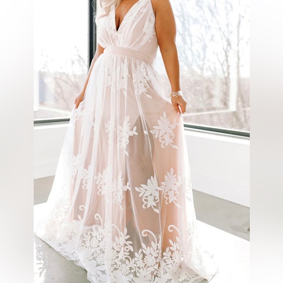 Special Occasion Maxi Dress with Velvet Floral Detail, Size M, Color Nude&White - Picture 1 of 16